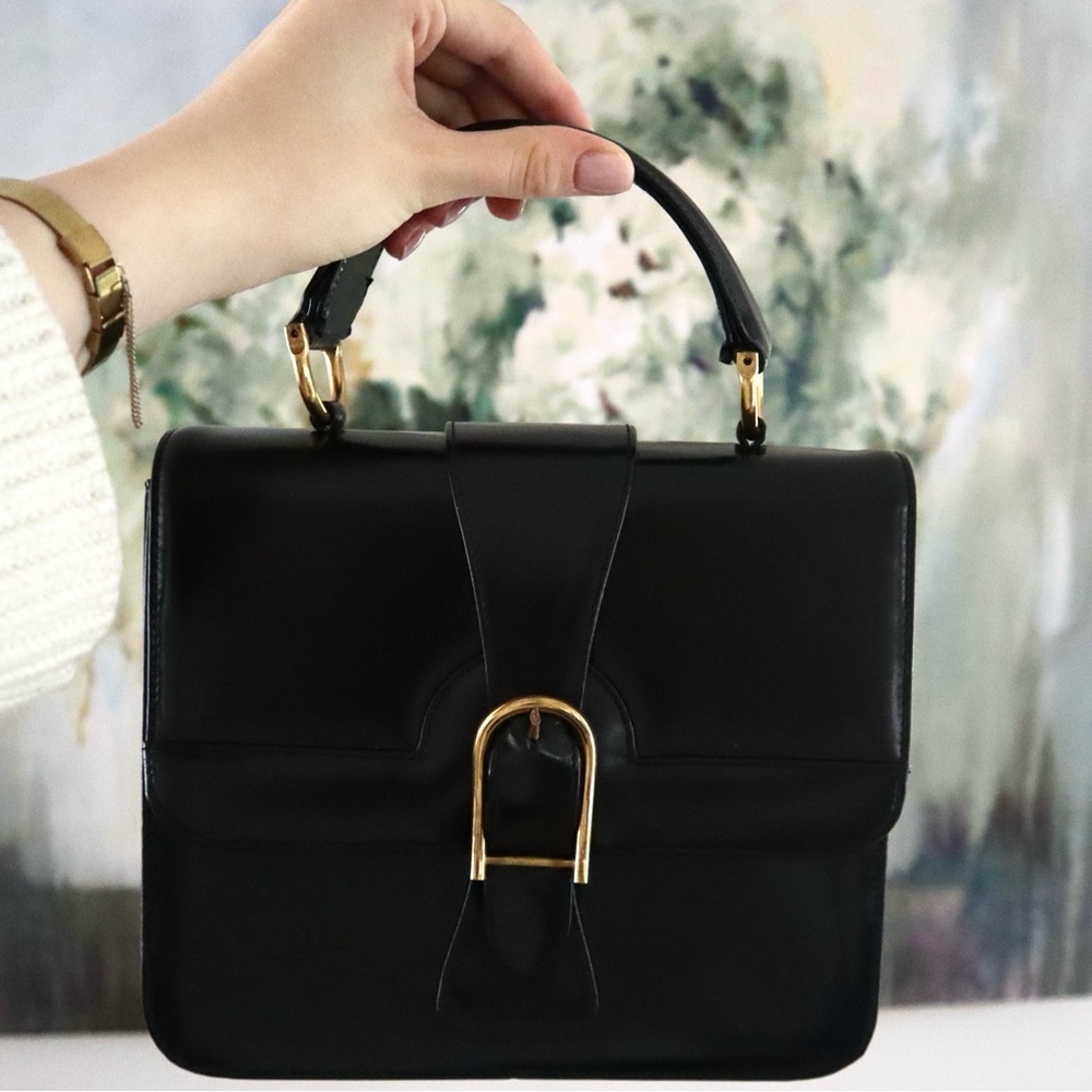 Classic Parisian Vintage TopHandle Bag in Black Box Leather